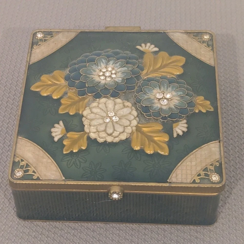 Vintage Enamel Floral Trinket Box Teal Rhinestone Inlay Mirrored Jewelry Case